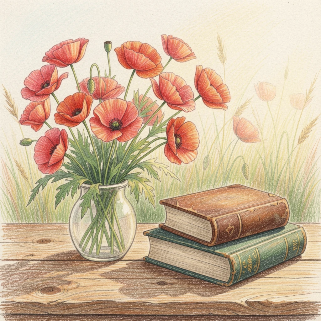 A field of poppies swaying gently in a summer breeze, resting on a rustic wooden table beside vintage books, celebrating nature's delicate artistry.