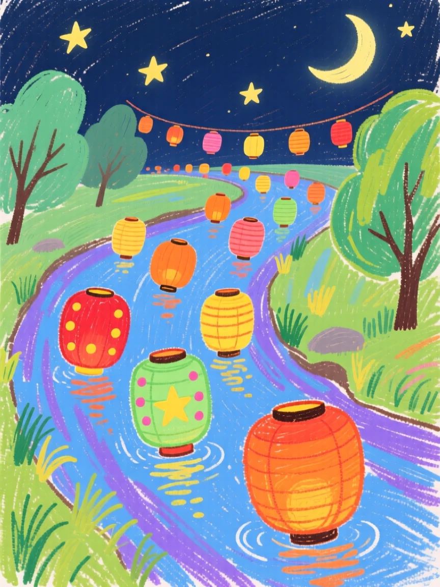 Lanterns floating down a river during a traditional festival.