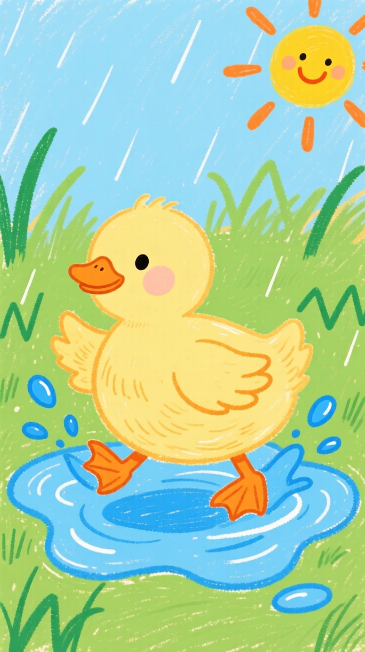 A fluffy duckling splashing in a shallow puddle after rain.