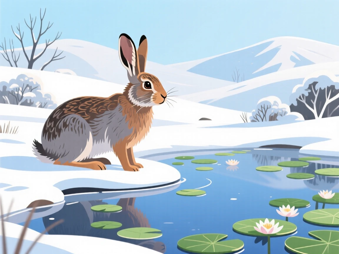 A snowy mountain hare blending into a winter landscape, surrounded by delicate lily pads on a still pond, captured in profile with soft rim lighting, with vivid, richly saturated colors that pop.