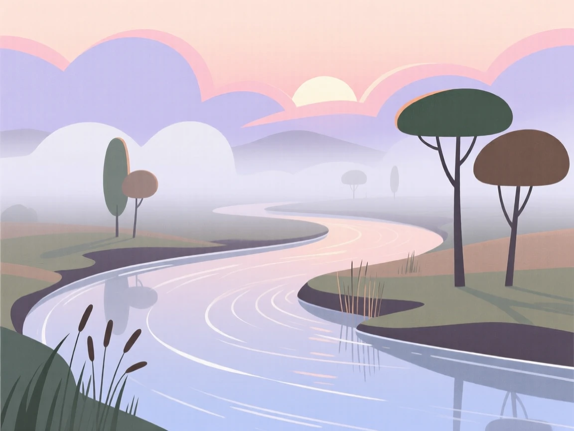 A misty river bend at sunrise with soft light filtering through the low clouds.