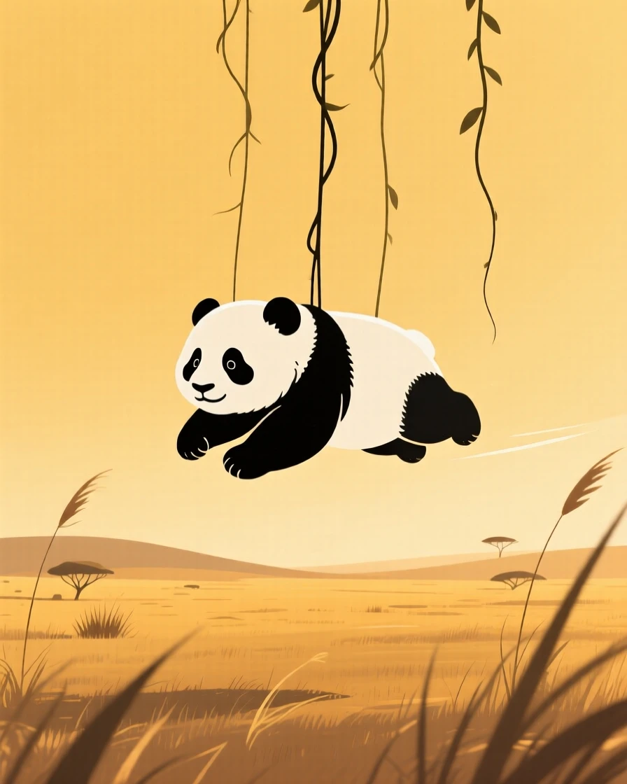 A panda cub gliding calmly nearby in a savanna at golden hour, near hanging vines, giving off a sense of wild freedom.