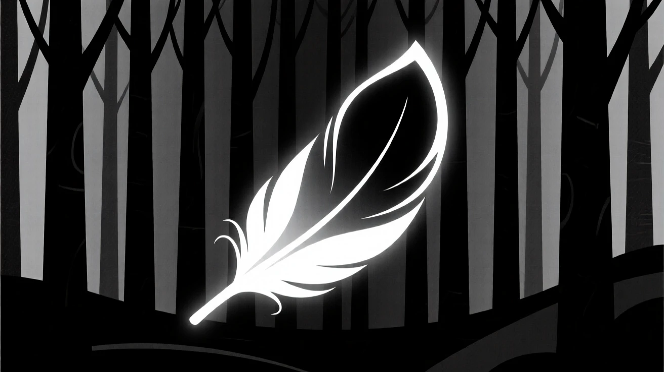 A phoenix feather glowing in a dark forest.