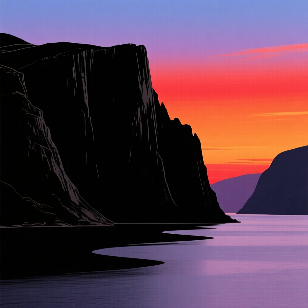 A dramatic fjord with sheer cliffs rising from still, dark water.