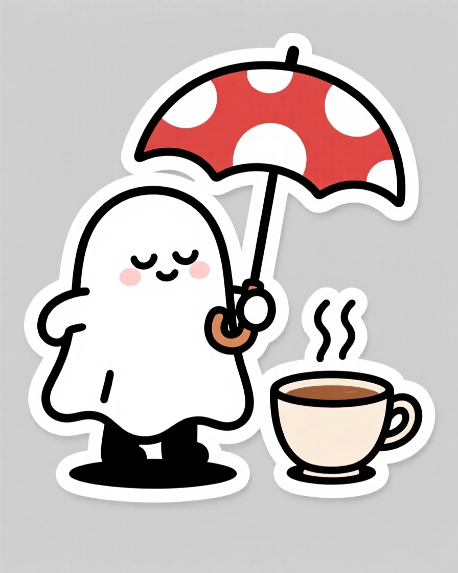 A sleepy round ghost with tiny arms carrying an umbrella shaped like a mushroom cap, next to a steaming cup of tea.