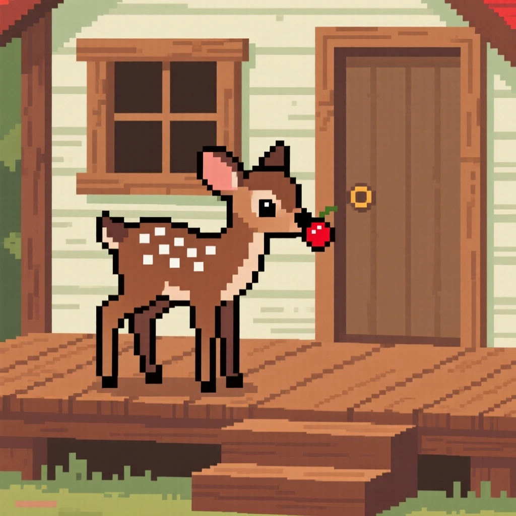 A spotted fawn balancing a single berry on its nose, on the porch of a tiny cottage.