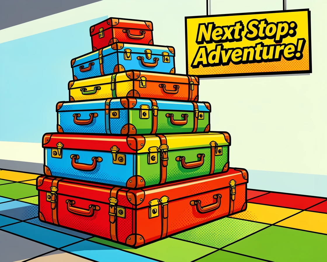 A stack of elaborate vintage suitcases on a train platform