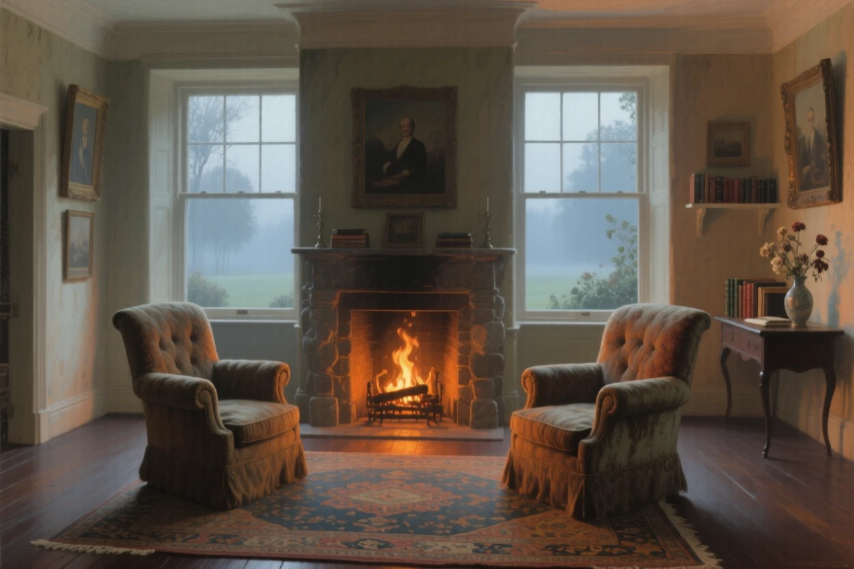 A grand panoramic scene of a warm sitting room with a crackling fireplace and worn armchairs, at dawn, in thick fog.