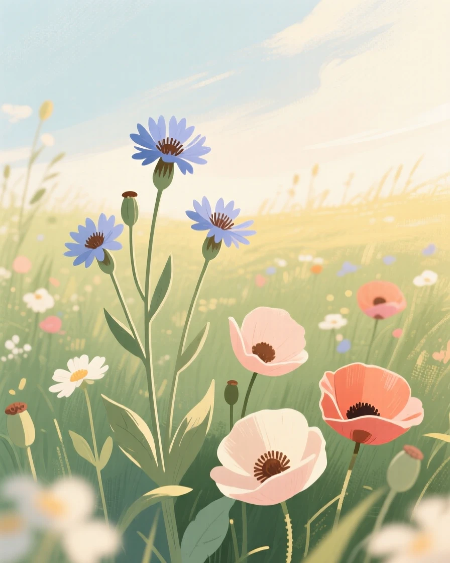 A meadow of cornflowers and poppies beneath a summer sky