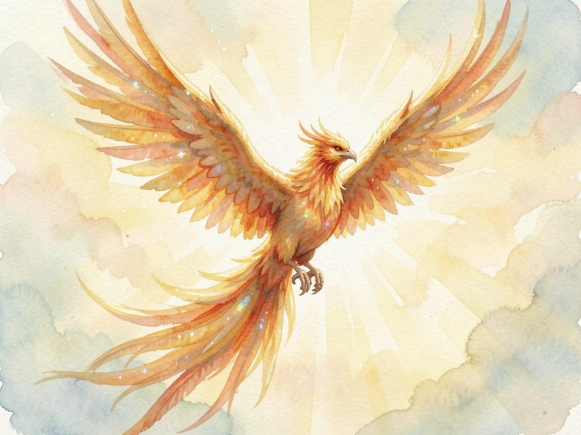 A phoenix rising in a burst of golden light with a gentle magical glow illuminating the scene.