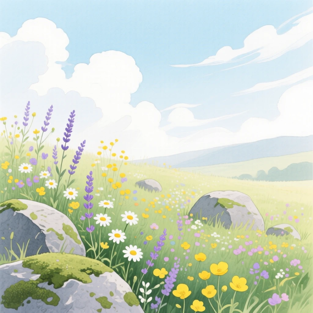 A breathtaking view of a wildflower meadow beneath drifting clouds, where wildflowers grow between the rocks