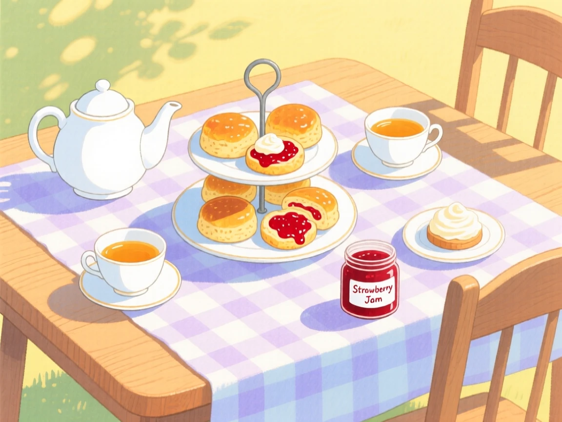 A table set for afternoon tea with scones and jam, arranged invitingly on a sunny table.