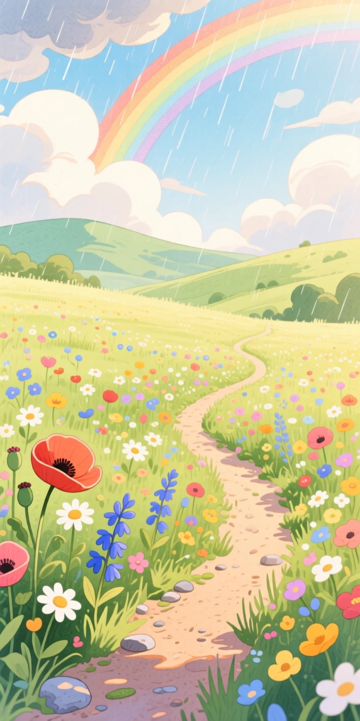 A wildflower meadow beneath a rainbow after a storm, with a winding dirt path disappearing into the distance, inspiring a sense of calm and wonder.