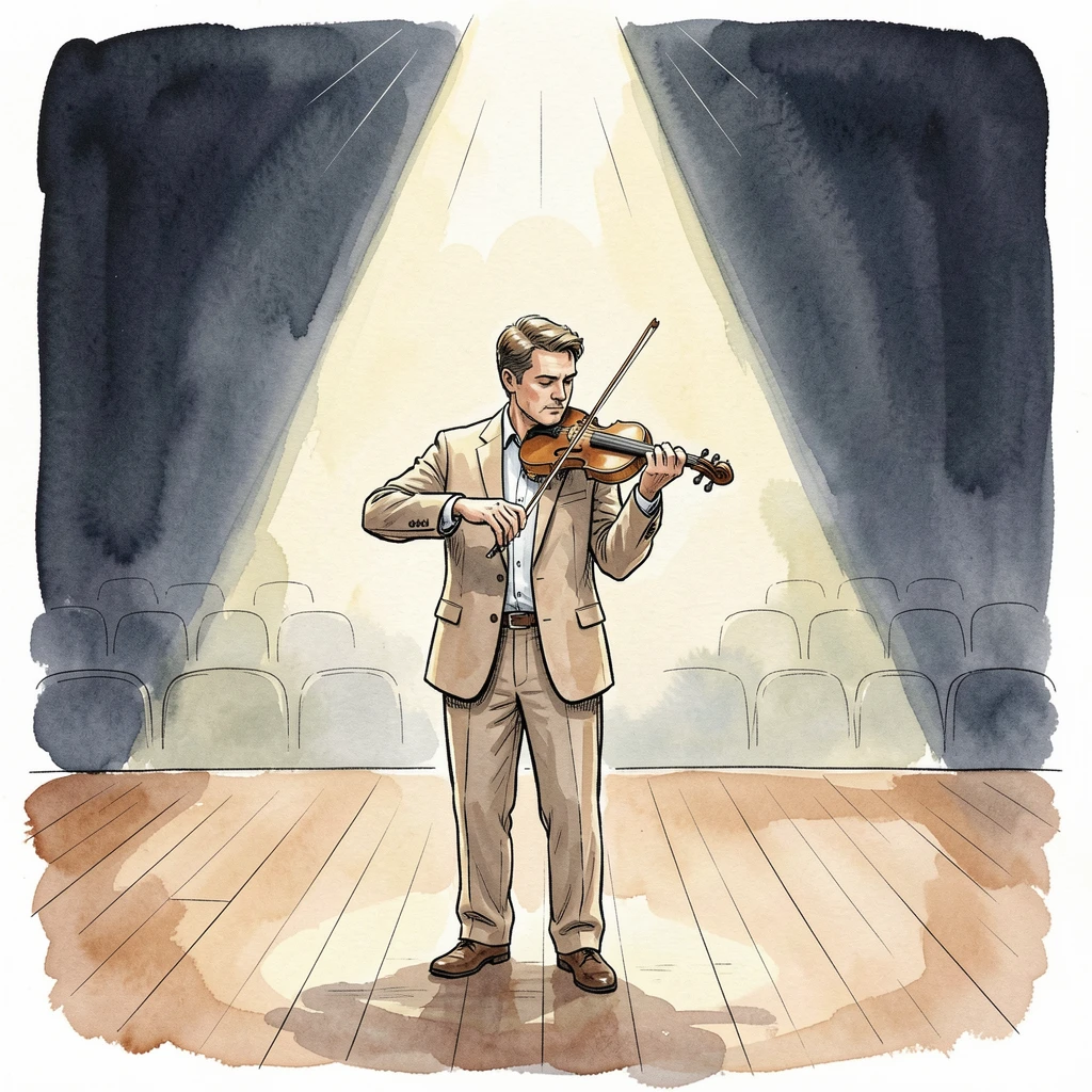 A violinist performing alone on an empty theater stage, a single spotlight illuminating the moment