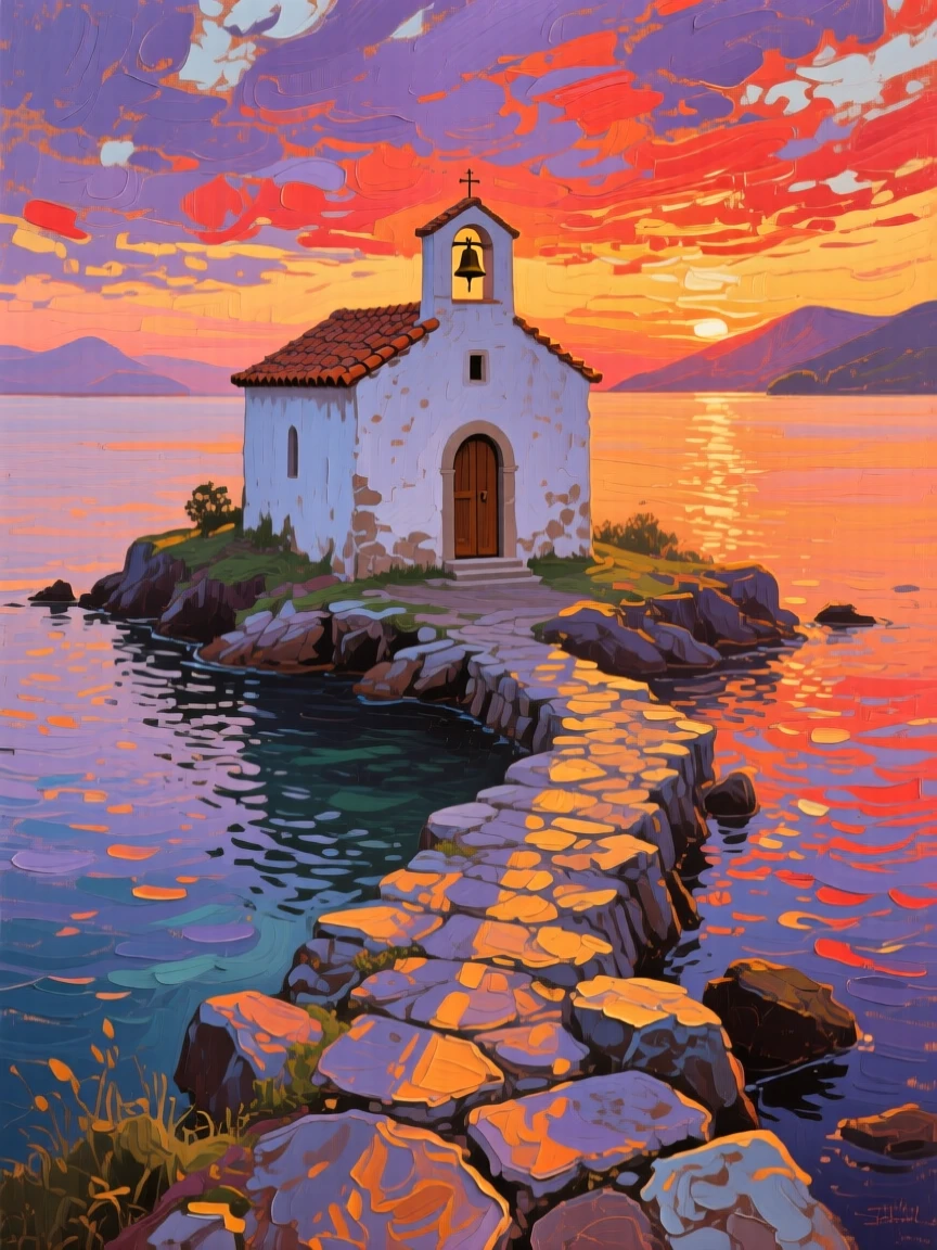 a small island chapel reached by a stone causeway, at sunset, with a balanced, spacious view of the surroundings.