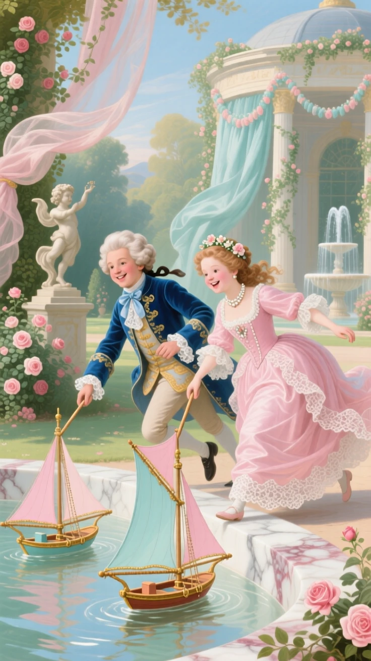 A young prince and princess racing toy sailboats along a marble basin  