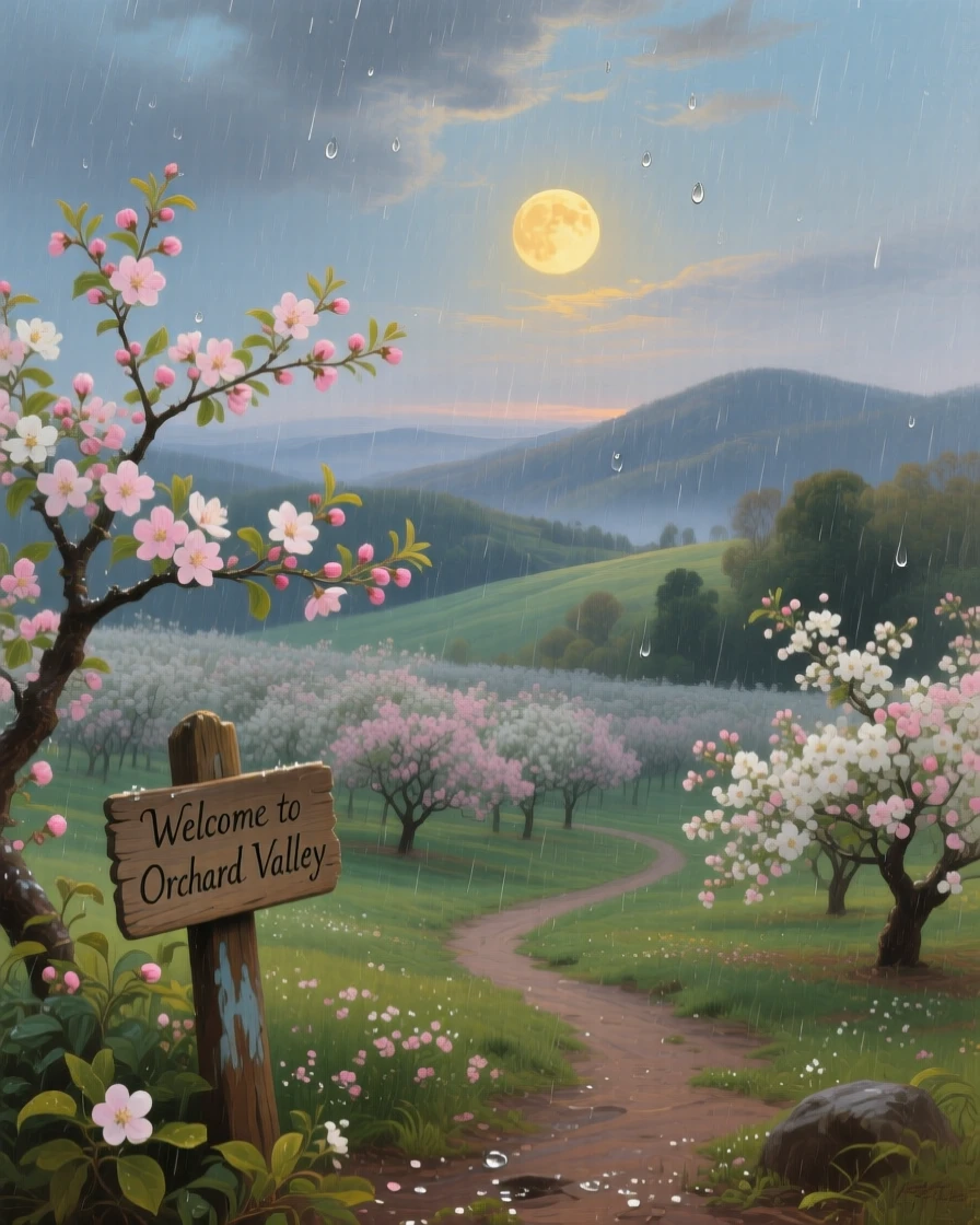 A gentle spring rain drift across blossoming orchards in spring as the harvest moon rises.