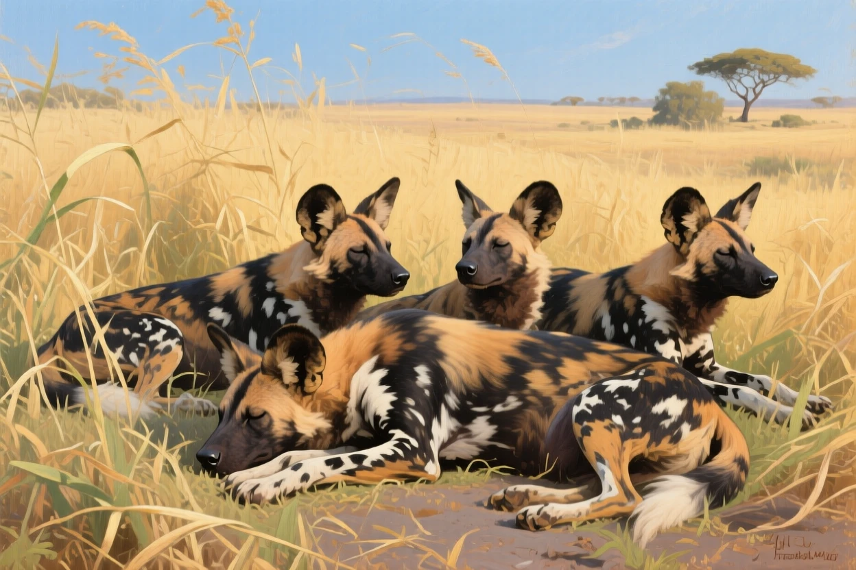 A pack of African wild dogs resting together in tall golden grass, caught in a split-second of remarkable natural behavior, highlighting the quiet majesty found in the natural world