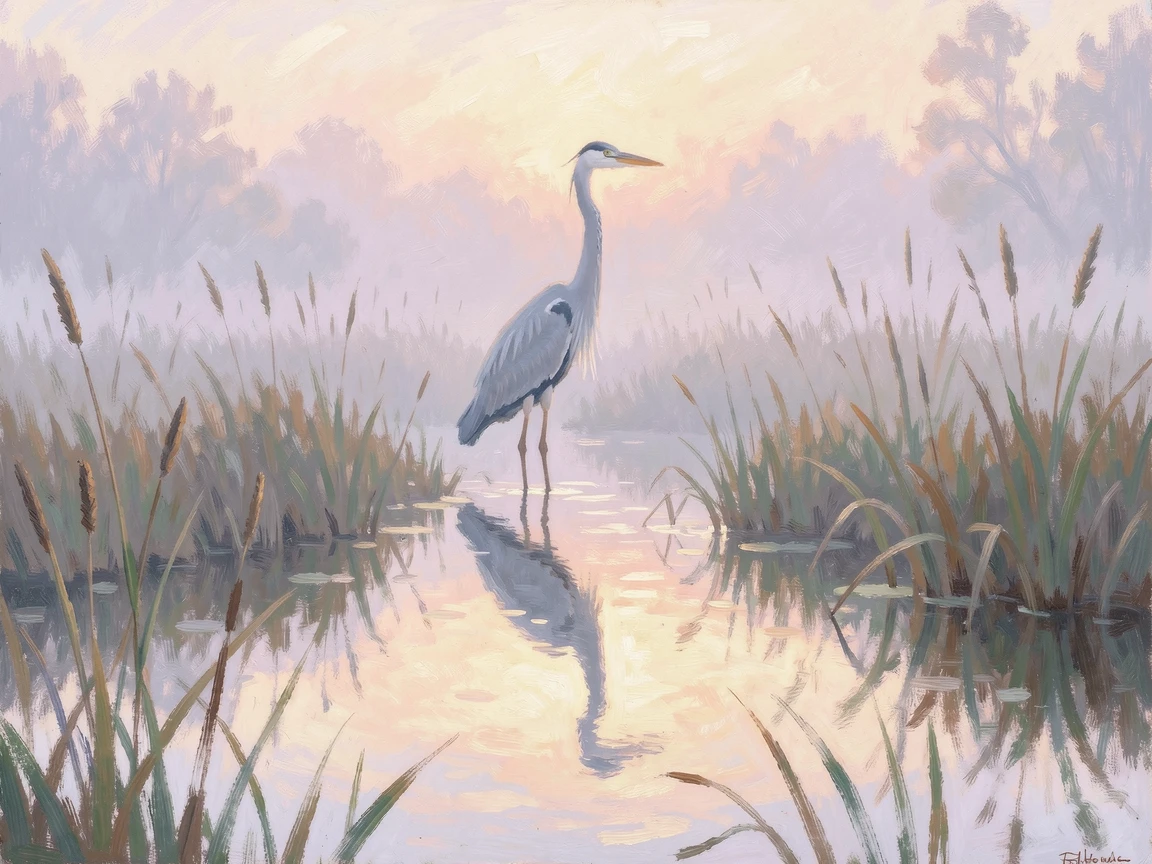 A great blue heron standing motionless in a misty marsh at dawn, reflection perfectly still in the water.