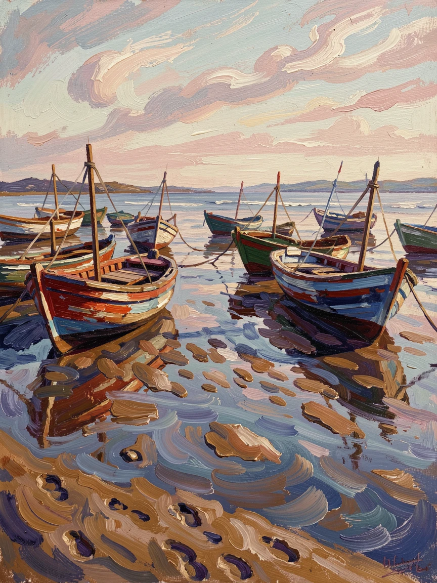 A quiet bay at low tide, fishing boats resting on wet sand under a soft sky.