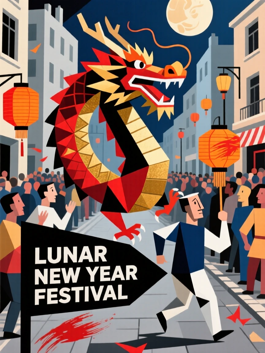 A traditional dragon dance winding through a crowded street during Lunar New Year.