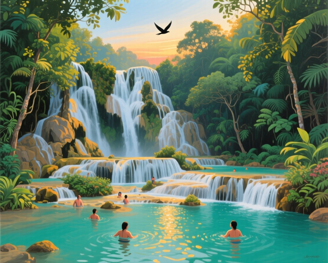 A cascading series of waterfalls tumbles through the jungle at Kuang Si in Laos, turquoise pools inviting swimmers below, limestone terraces catching the afternoon light, the silence broken only occasionally by the call of a bird crossing the open sky.