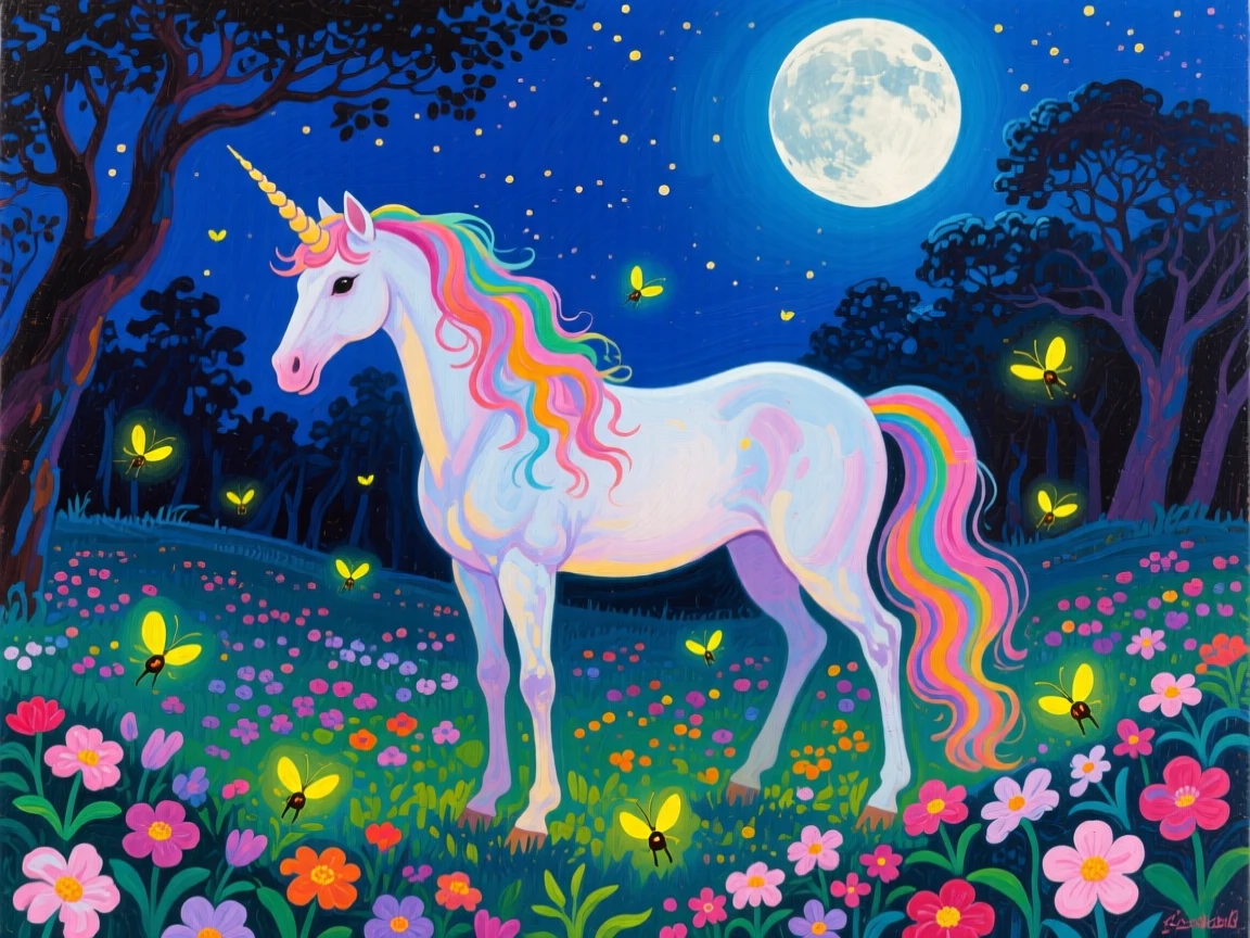 A unicorn standing in a moonlit clearing surrounded by fireflies and blooming night flowers