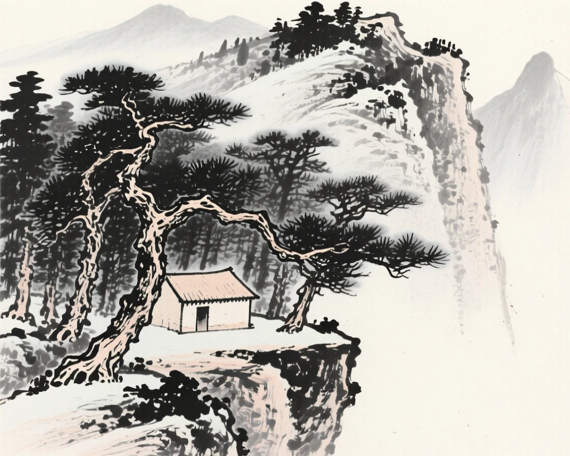 an ancient pine forest clinging to a mountainside, with a small hut tucked among the trees.