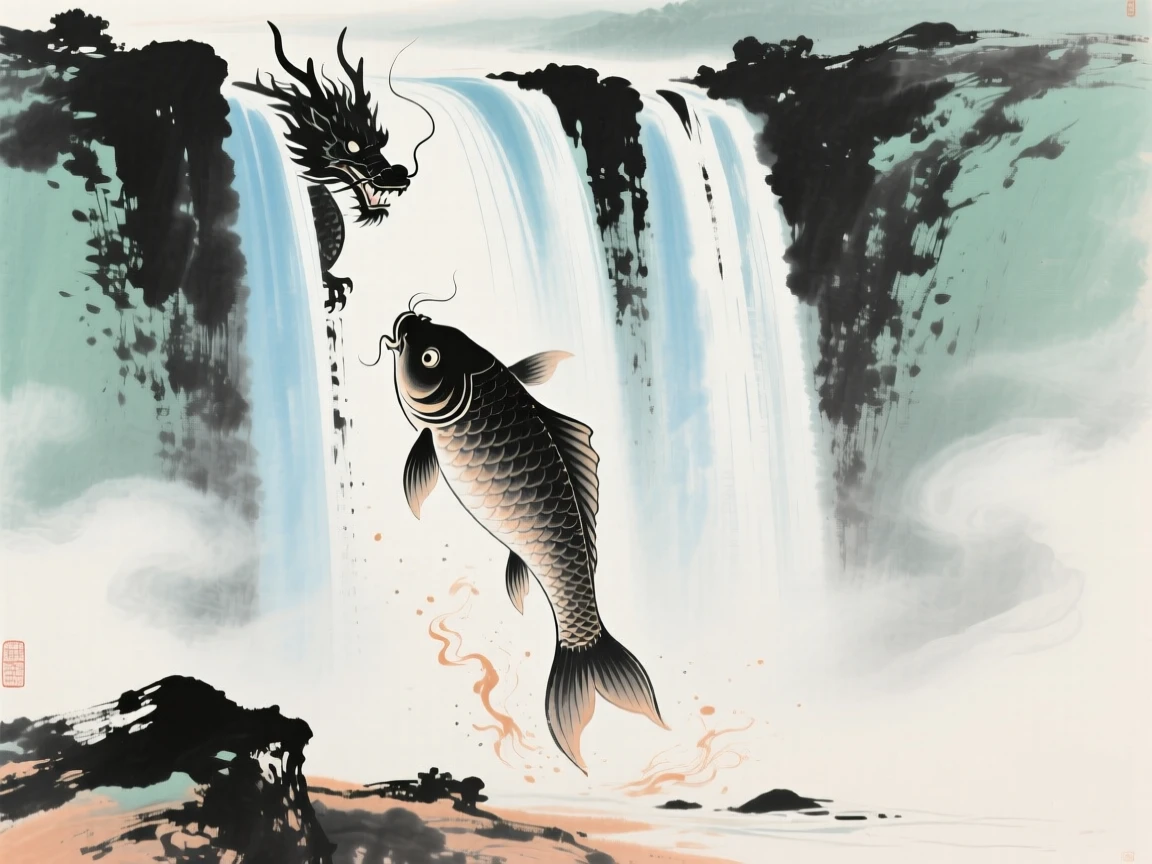 A legendary carp leaping through a waterfall gate to become a dragon, at midday, brimming with peaceful contentment, through swirling morning fog.