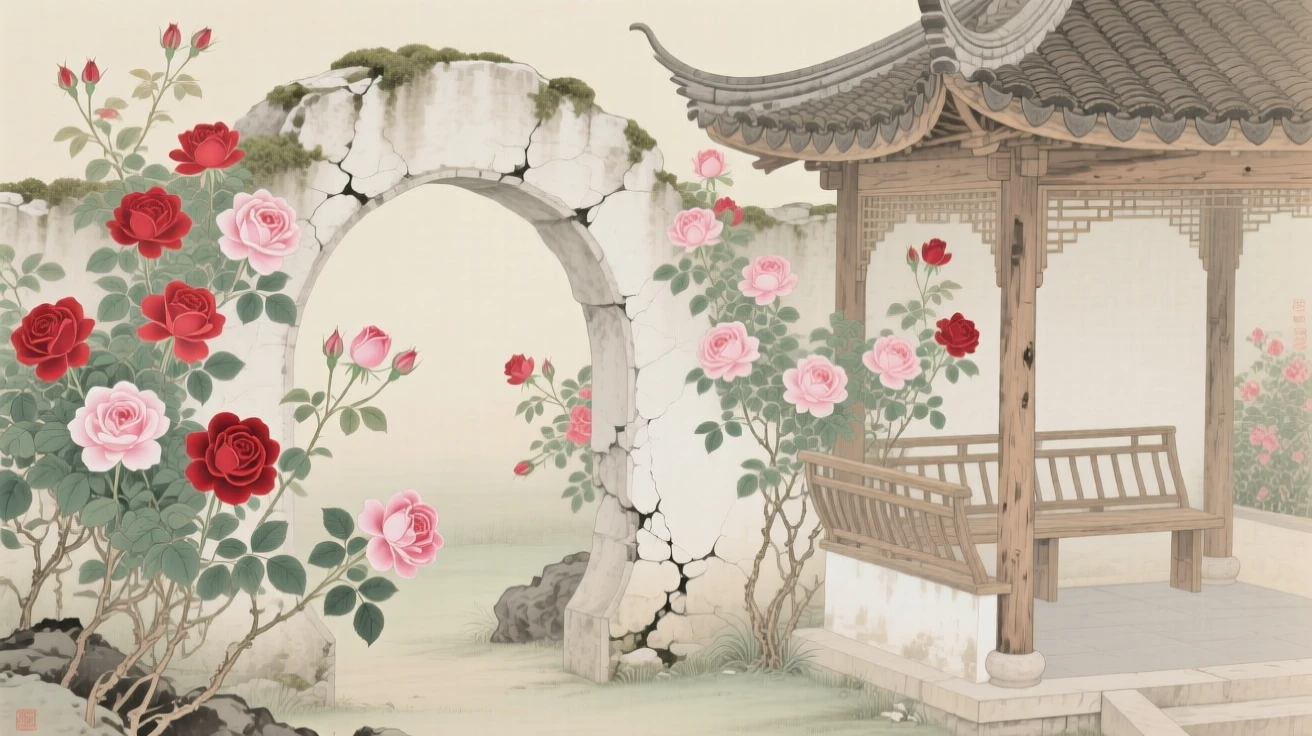 Roses climbing an old stone archway next to a weathered wooden pavilion
