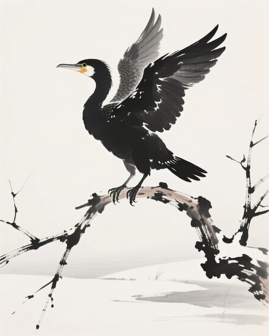 A cormorant perched on a bare winter branch against a pale, empty winter sky, captured mid-motion with wings outstretched, capturing a fleeting moment of natural beauty.
