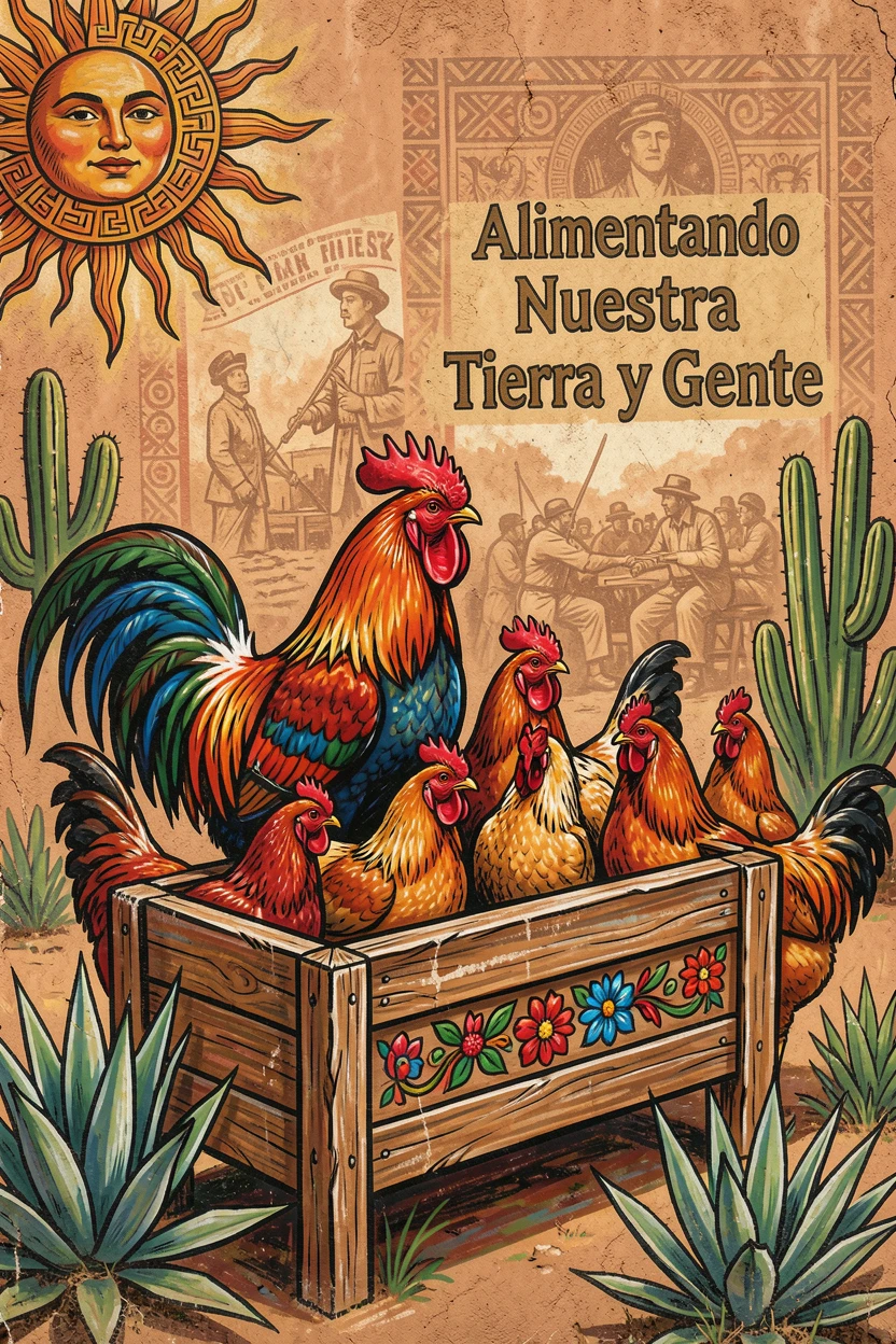 A rooster and hens gathered around a wooden feeding trough