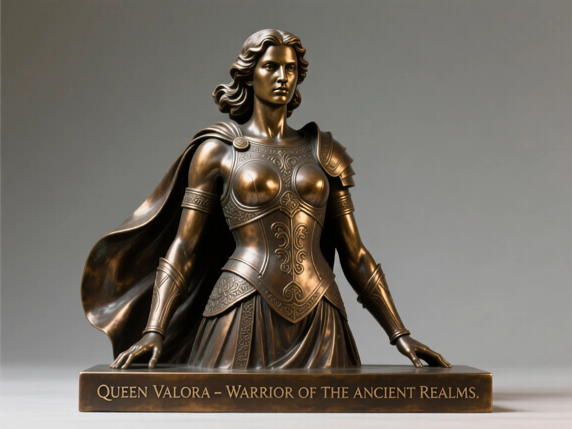 A warrior queen, with an expression of quiet determination, forming a strong central focal point
