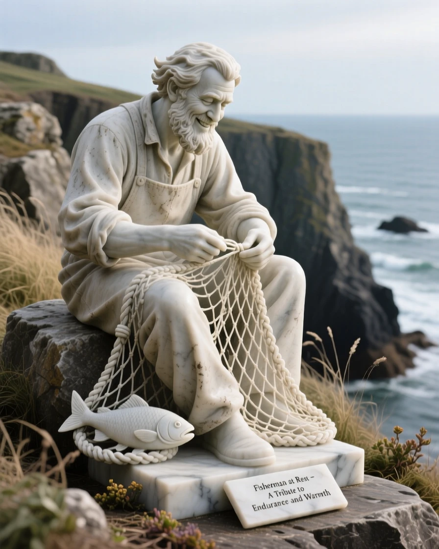A tender portrait of a fisherman mending his nets, smiling warmly at the viewer, on a windswept cliff overlooking the sea, evoking warmth and humanity