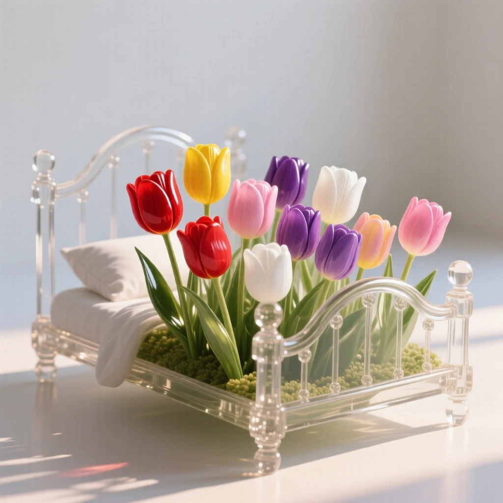 A bed of tulips in mixed colors in a lush garden setting with soft green foliage behind, gentle afternoon light, feeling romantic and inviting.