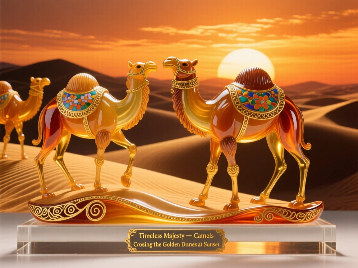 A herd of camels crossing golden dunes at sunset, timeless and majestic.