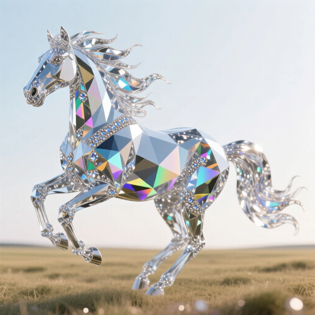 A wild horse galloping freely across a wide open plain, mane and tail flying in the wind.