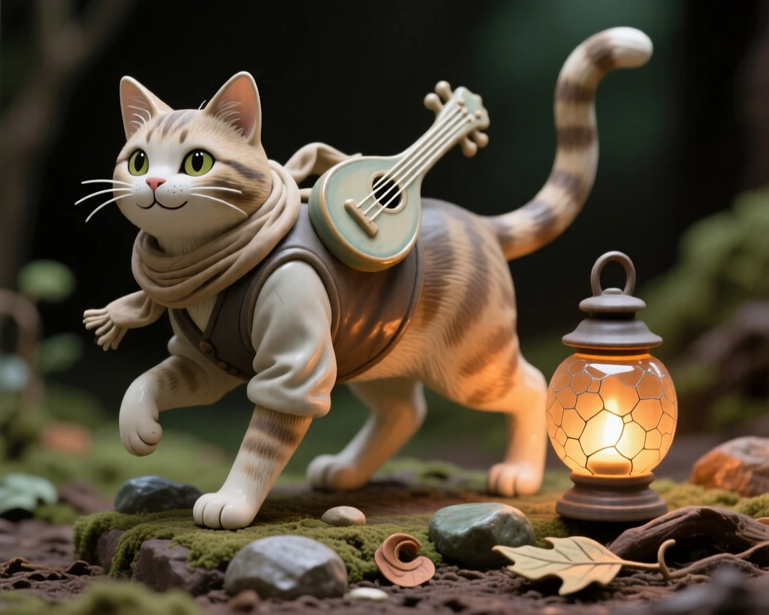 A cat dressed as a wandering musician posed mid-adventure with playful energy, with warm lantern light glowing softly nearby, evoking childlike wonder and gentle humor.