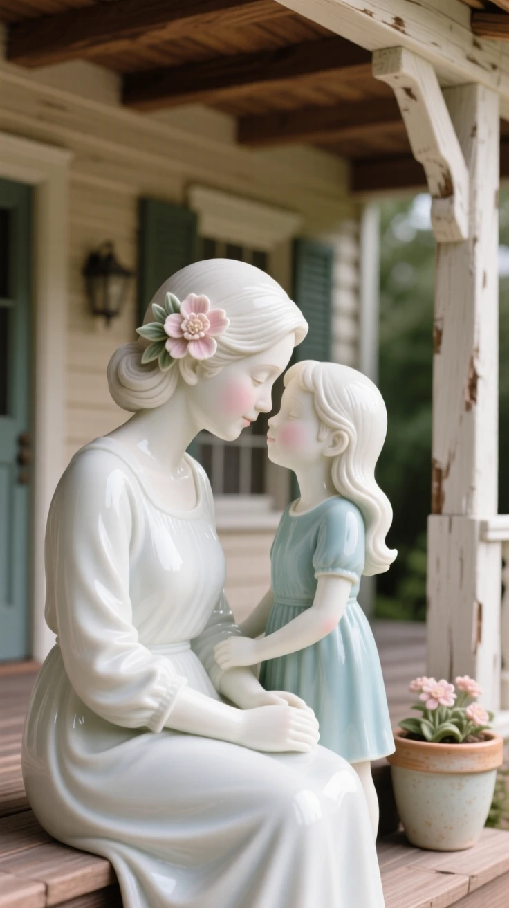 A tender scene of a mother and daughter exchanging a gentle forehead touch in a rustic farmhouse porch, a single flower tucked behind her ear.