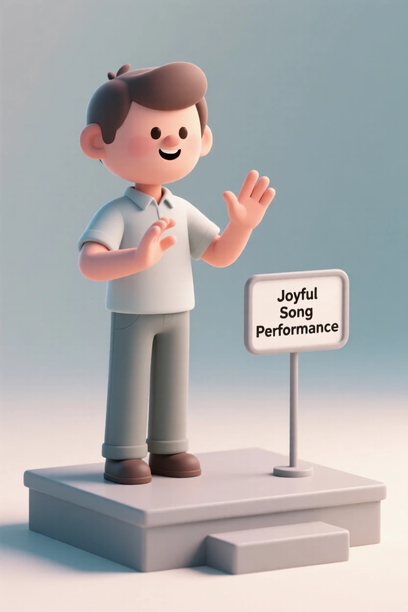 A gentle sign language interpreter signs enthusiastically beside a stage, hands moving fluidly to match a joyful song.