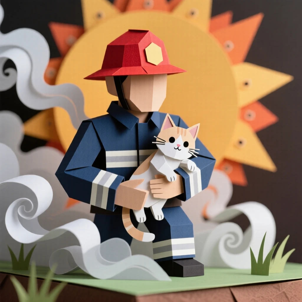 A firefighter carrying a rescued kitten out of gentle smoke, warm evening light behind them, capturing heroism and compassion.