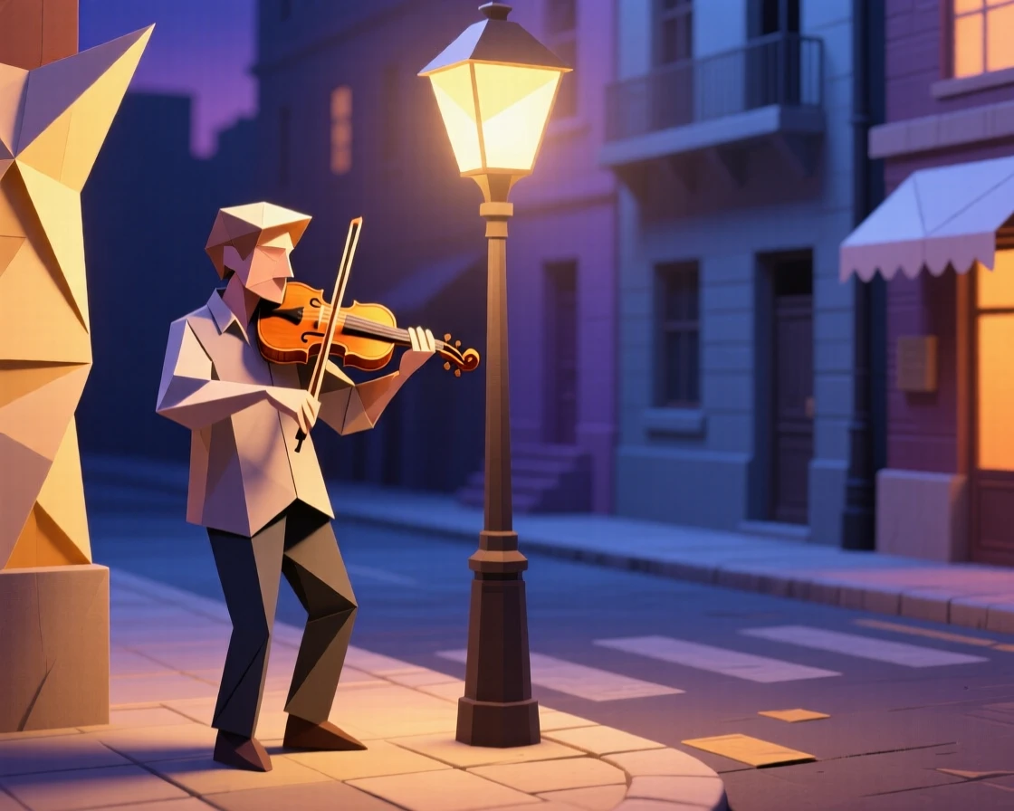 A street musician character playing a violin under a glowing lamppost on a quiet evening street.