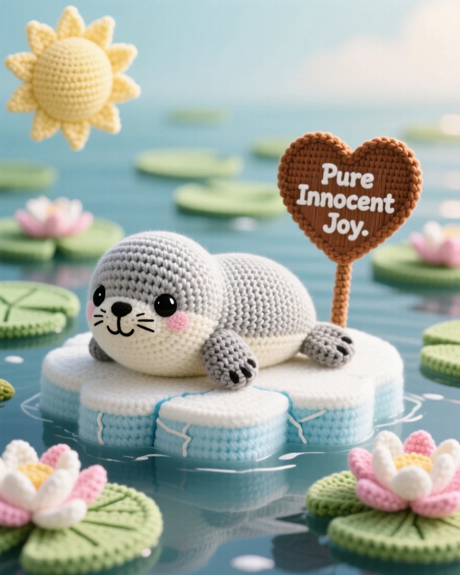 a plump baby seal on an ice floe, with a smooth silvery coat, basking under a soft polar sun, set in a tranquil lily pond with lotus blossoms, with a little wooden sign shaped like a heart, evoking a moment of pure innocent joy.