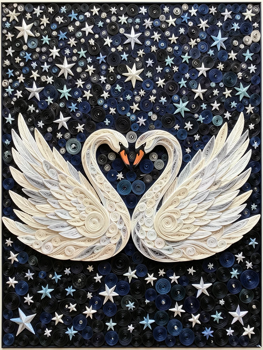a pair of swans forming a heart shape with their necks, beneath a vast star-filled night sky, captured mid-action with dynamic movement, with fine texture visible in every strand of fur.