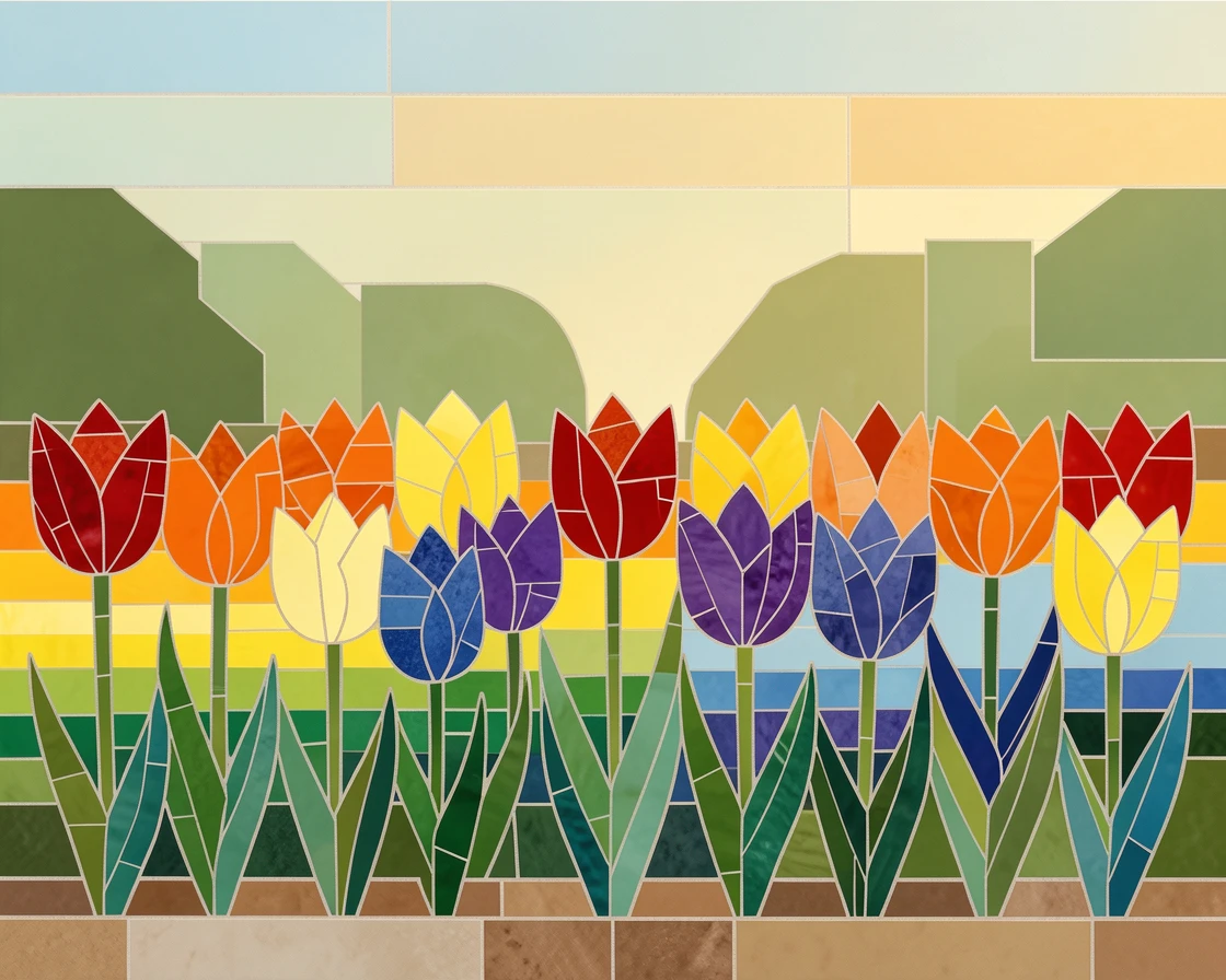A bed of tulips arranged in vibrant rainbow stripes, with soft morning light and a gentle blur of background greenery.