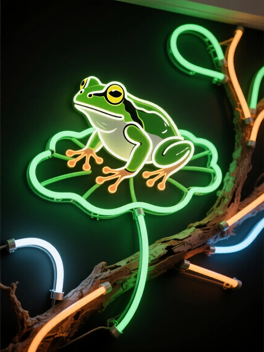 A tree frog on a lily pad resting quietly on a weathered branch.