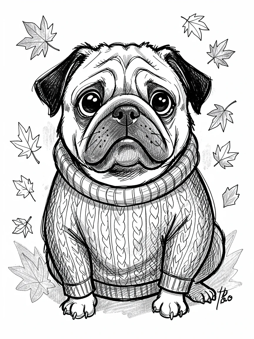 A pug with a wrinkled face wearing a knitted sweater in autumn leaves.