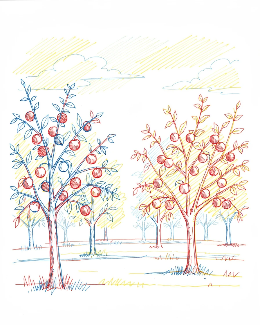 A quiet countryside orchard heavy with ripening apples under a soft autumn sky