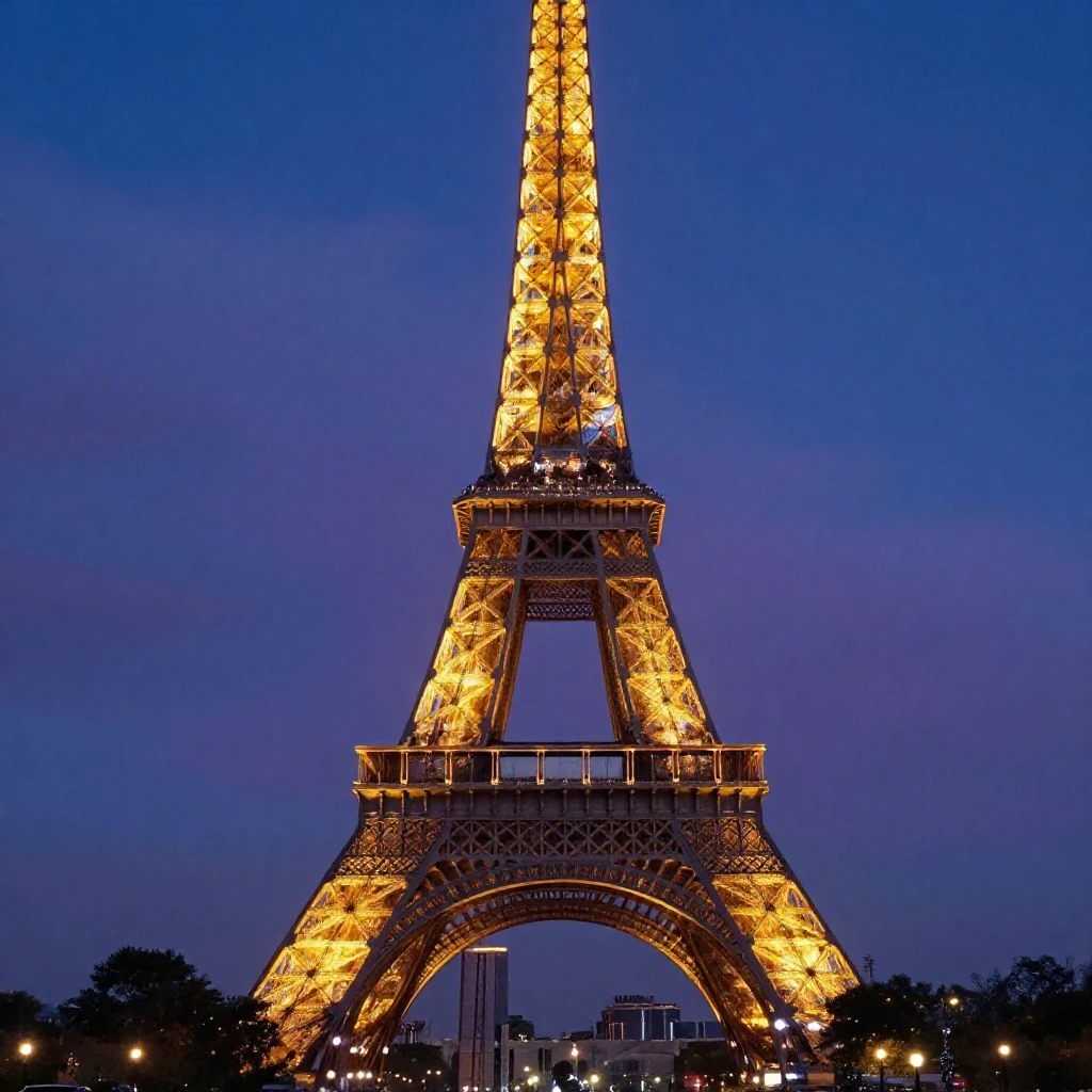 The Eiffel Tower illuminated against a twilight Paris sky