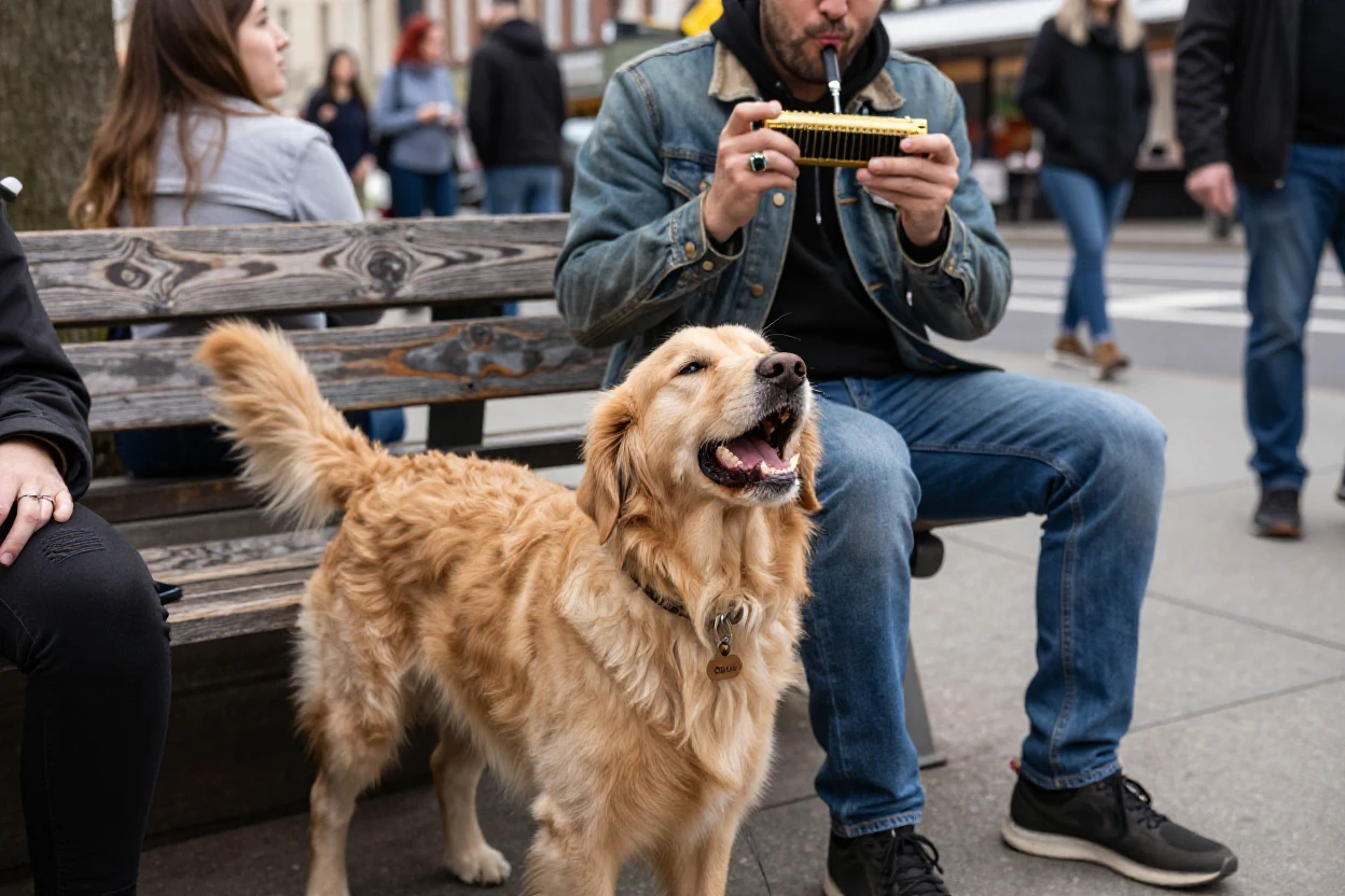 A dog 'sings' along with a harmonica, howling in surprising harmony.